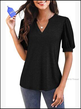 V-Neck Puff Sleeve Blouse Loose Fit Casual Summer Top